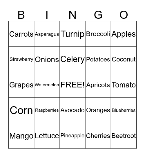 Fruits and Vegetables Bingo Card