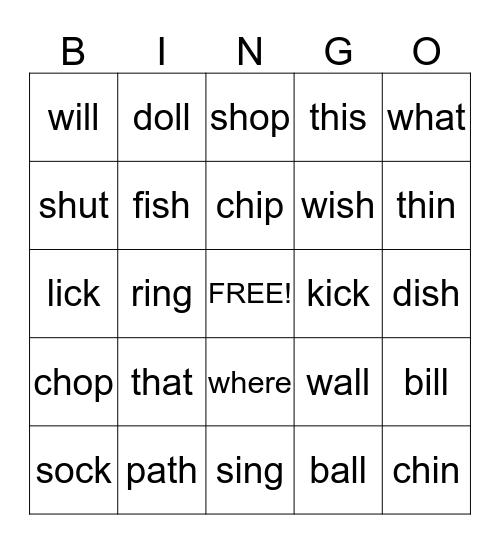 Digraph Bingo Card