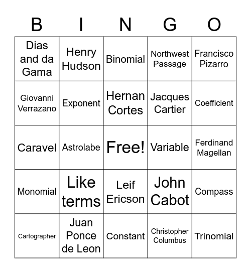 Explorer Bingo/ Math Expressions Bingo Card