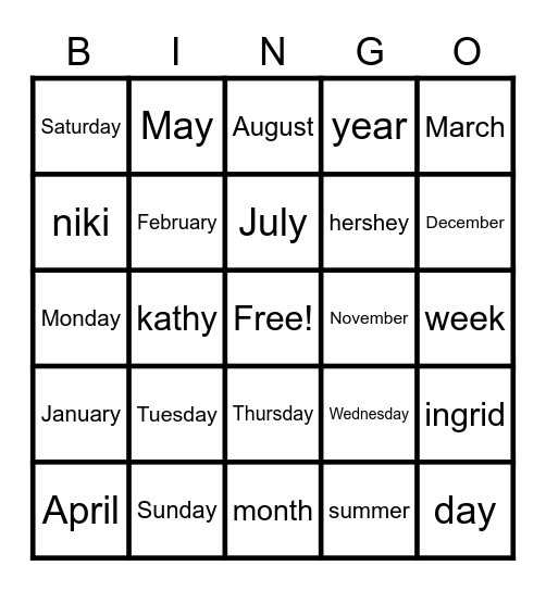 orange bingo days/months/seasons Bingo Card