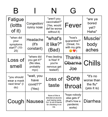 Covid Bingo Card