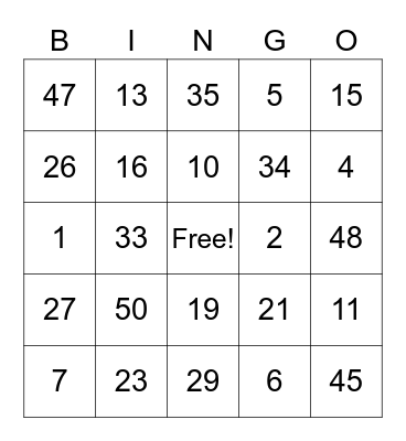 Number BINGO Card