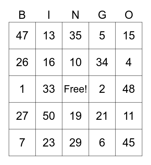 Number BINGO Card