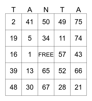 TANTA BINGO Card