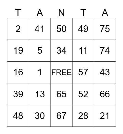 TANTA BINGO Card