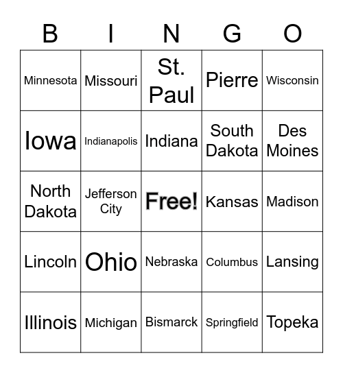 Midwest States and Capitals Bingo Card
