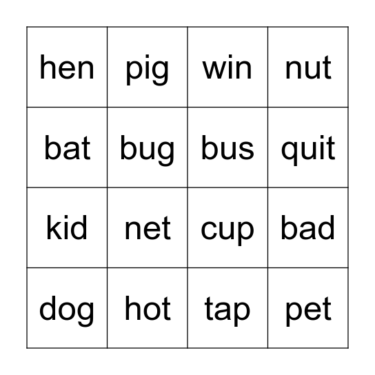CVC Words Bingo Card