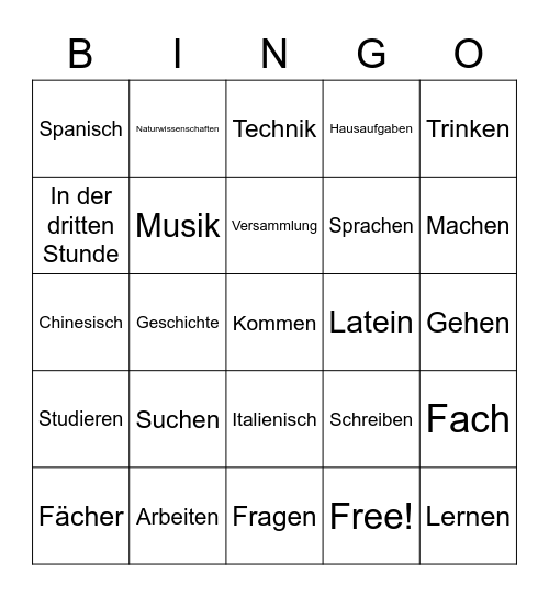 In der Schule  Deutsch Bingo Card