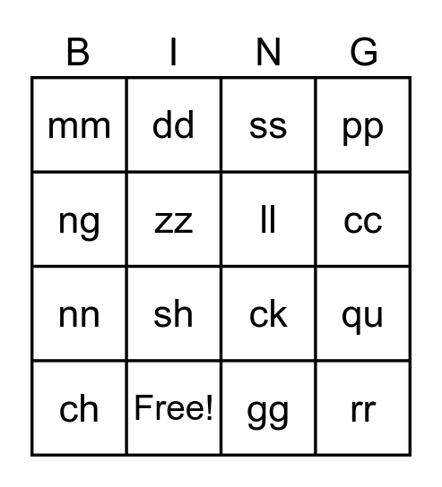 Double Letter Spelling Bingo Card