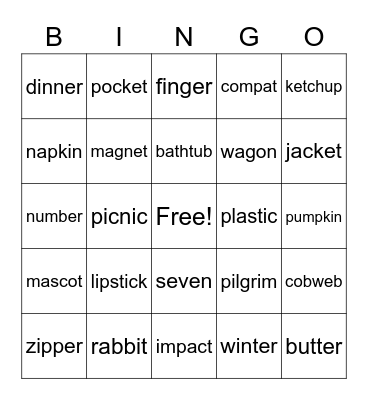 2 Syllable -Closed Bingo Card