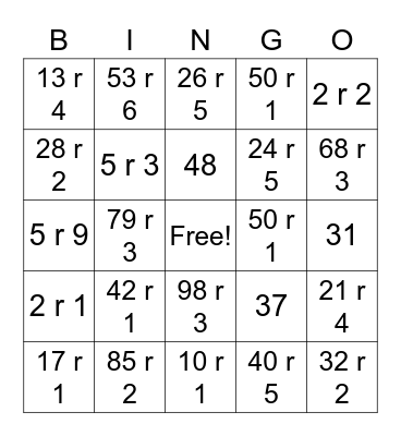 Long Division Bingo Card