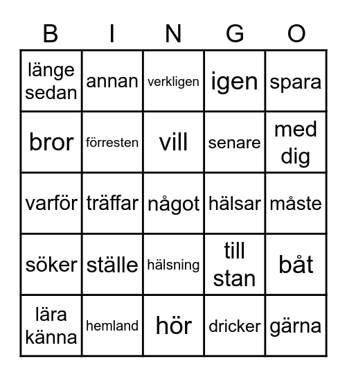 Häng med Text 2 A-sanasto Bingo Card