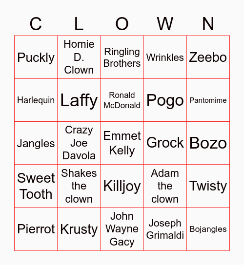 Clowns Bingo Card