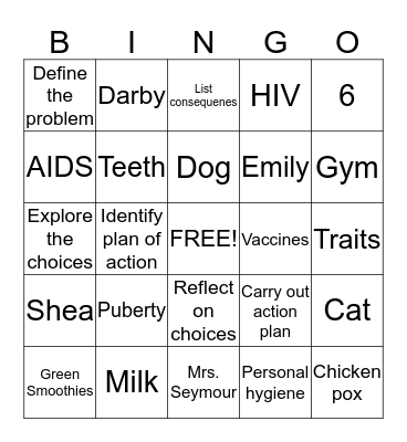 Growth and Development Bingo Card