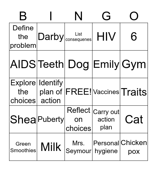 Growth and Development Bingo Card