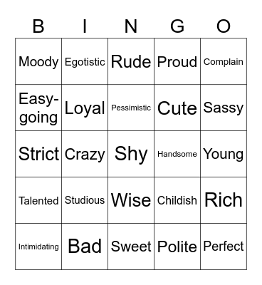 ASL Adjectives Bingo Card