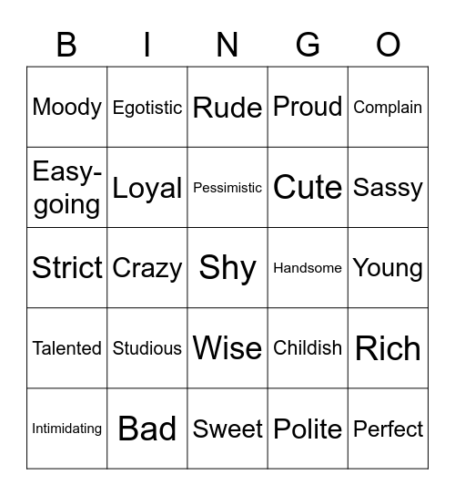 ASL Adjectives Bingo Card