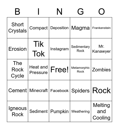 Rock Cycle Bingo Card