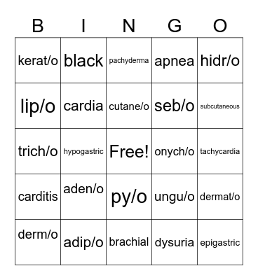 Medical Terminology Review 10/28/21 Bingo Card