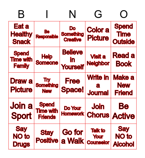 Red Ribbon Week - Healthy Choices Bingo Card