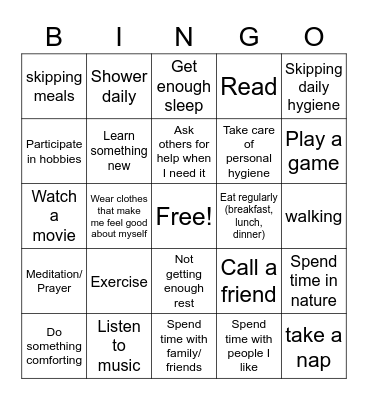 Self Care Activities Bingo Card