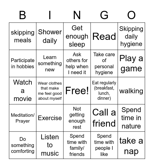 Self Care Activities Bingo Card