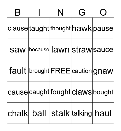 Words with au, al, ough, aw and augh Bingo Card