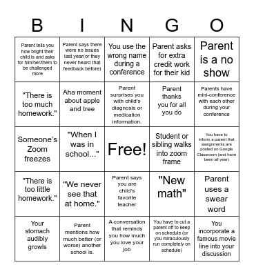 Parent Teacher Conference Bingo Card