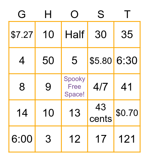 Halloween Math Bingo Card