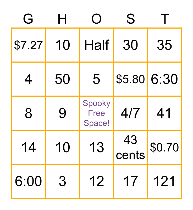 Halloween Math Bingo Card