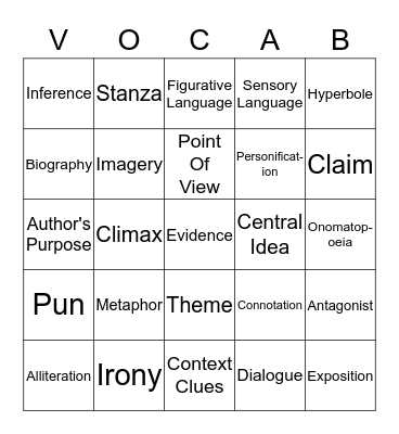 Literary EOG Bingo Card