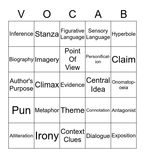 Literary EOG Bingo Card