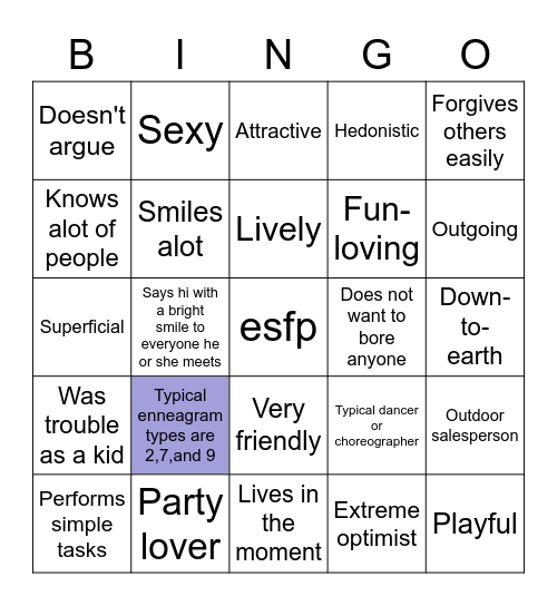 Entertainer Bingo Card