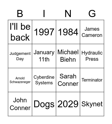 Terminator Bingo Card