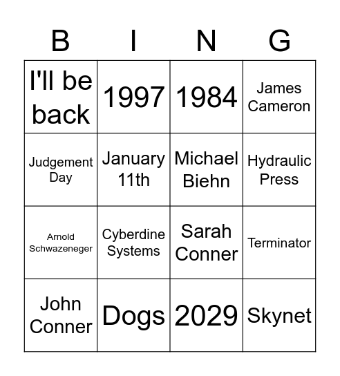 Terminator Bingo Card