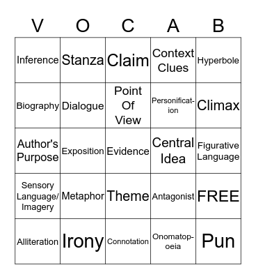 Literary EOG Bingo Card