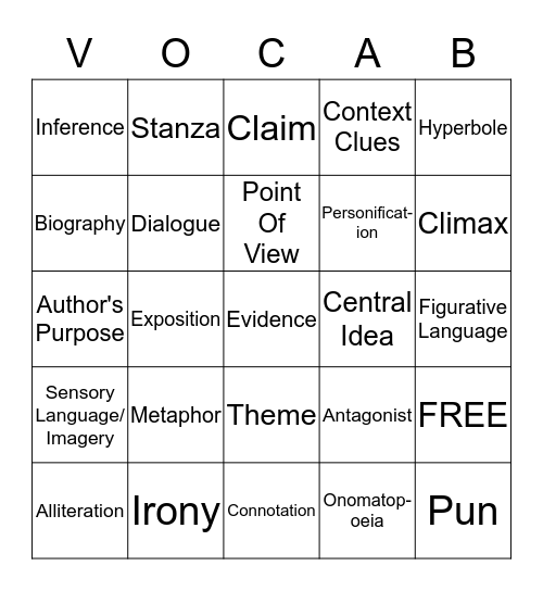 Literary EOG Bingo Card