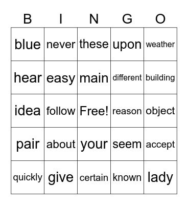 2nd Grade Sight Word BINGO Card