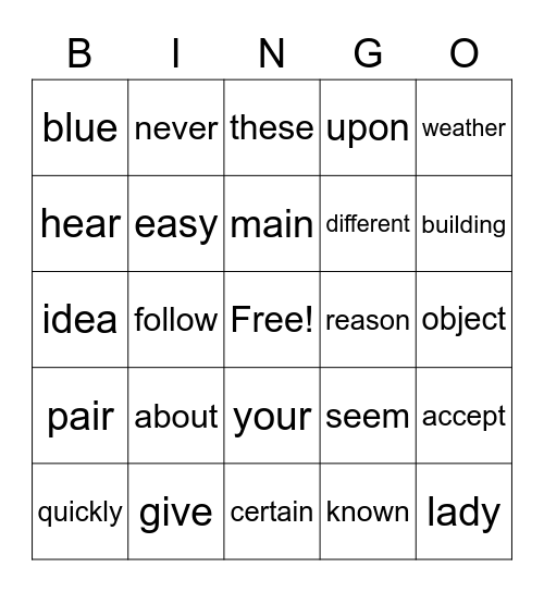 2nd Grade Sight Word BINGO Card