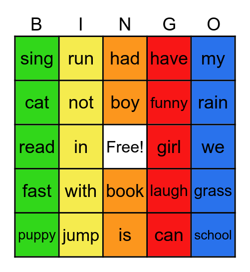 Sight Word Bingo Card