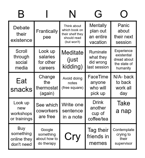 What Therapists Do Between Sessions Bingo Card