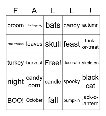 Fall Party Bingo Card