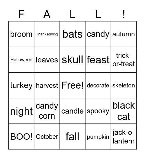 Fall Party Bingo Card