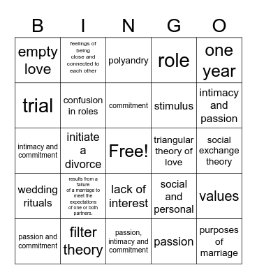 Pairing Up Bingo Card