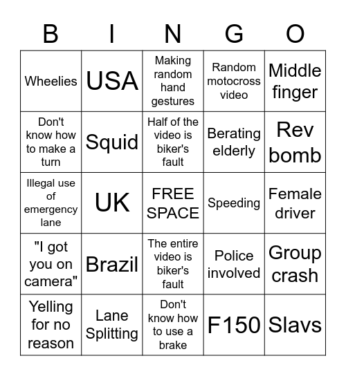 Moto Madness Bingo Card