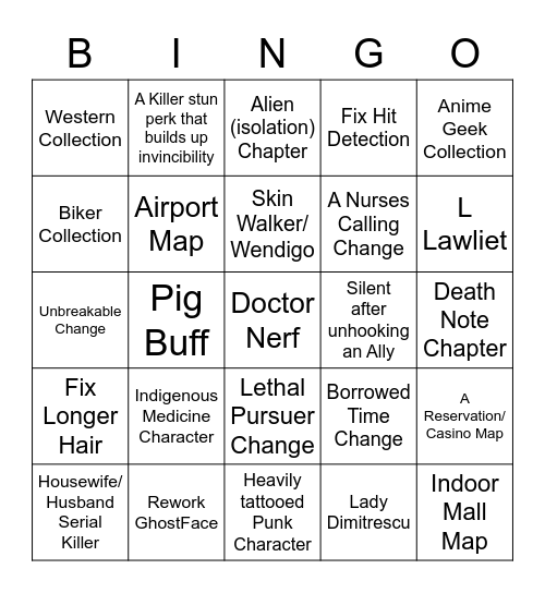 Shadows Bingo Card