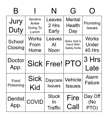 Travis's Day Off Bingo Card