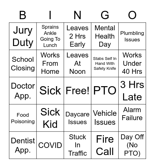 Travis's Day Off Bingo Card