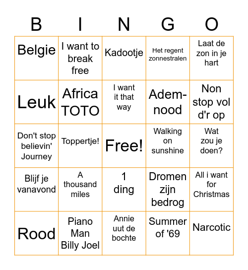 Muziek Bingo Card