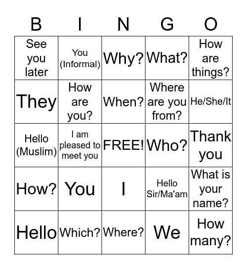 Hindi Lesson 1 Bingo Card
